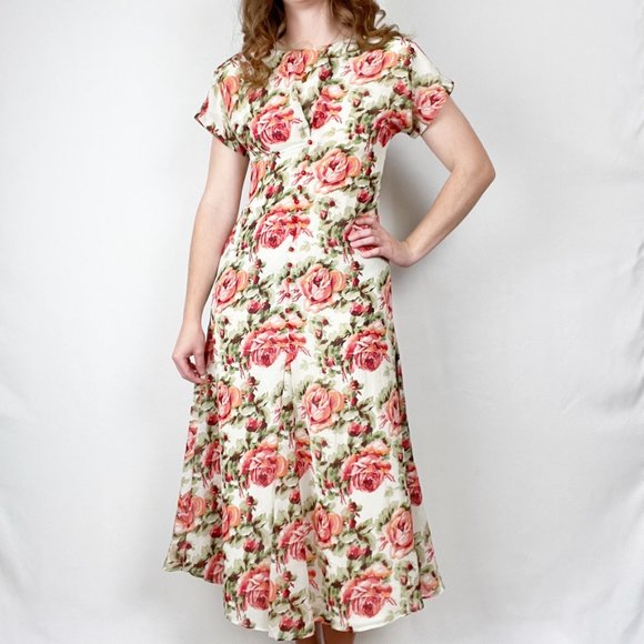 Vintage Floral Fit & Flare Pleated Button Up Midi Maxi Dress Spring Summer Sun - Picture 4 of 6